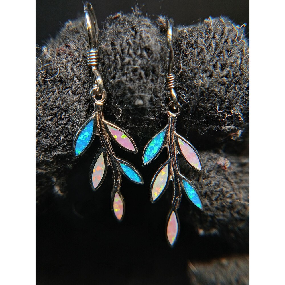 Aloha 925 Sterling Silver Faux Opal Dangle Earrings Leaf Branch Design 1 Inch Dr